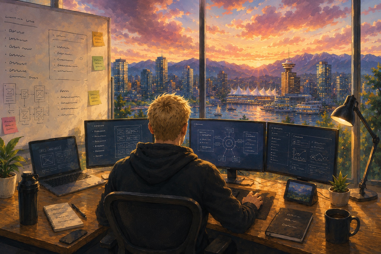 Illustration of Nathan working at his desk overlooking the Vancouver skyline