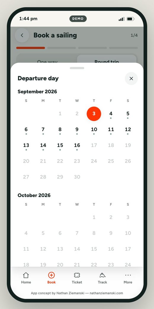 Calendar sheet for choosing a departure day, with dots on days that have sailings