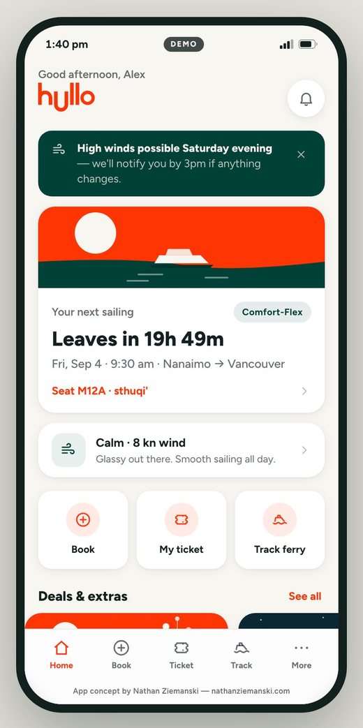 Home screen: a wind alert banner, a card counting down to the next sailing with seat and vessel, and quick actions for Book, My ticket and Track ferry