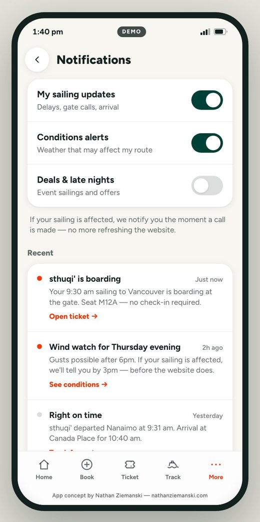 Notifications: toggles for sailing updates, conditions alerts and deals, and a list of example notifications