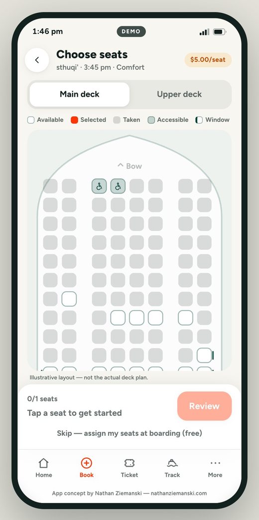 Choose seats: a main-deck seat map with legend, wheelchair positions at the bow, window seats, and a $5 per seat chip