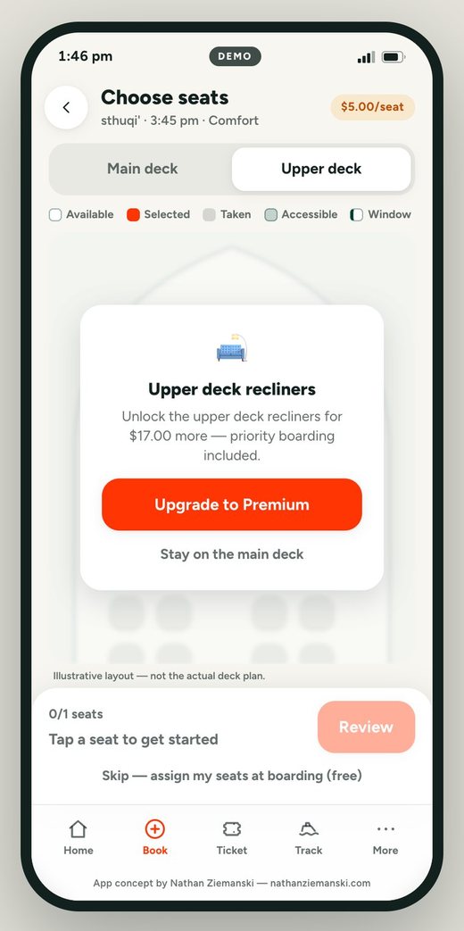 Upper deck locked behind a card offering to unlock the recliners for $17 more, with a Stay on the main deck option