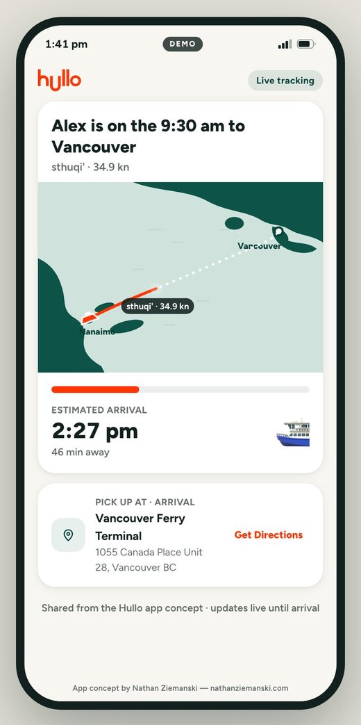 Shared sailing page for the person picking Alex up: live map, estimated arrival, minutes away, and a Get Directions button