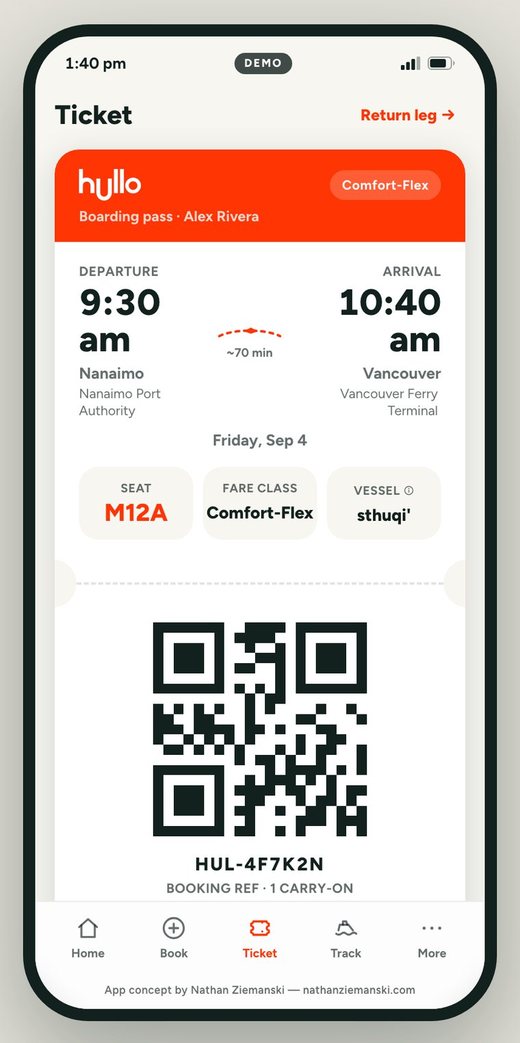 Boarding pass with departure and arrival times, seat, fare class and vessel, and a scannable QR code