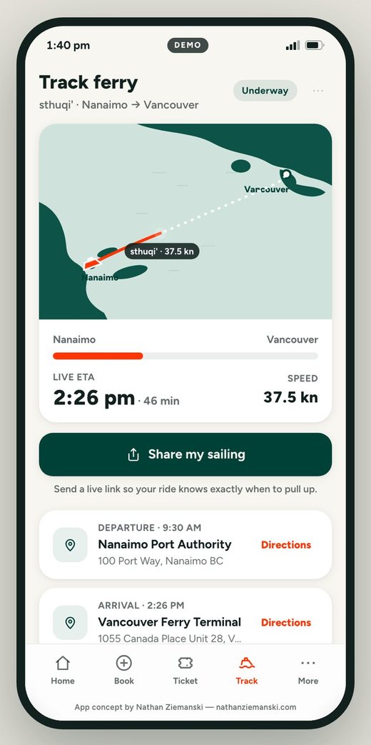 Track ferry: a stylised map of the Strait of Georgia with the vessel underway, live ETA and speed, and a Share my sailing button