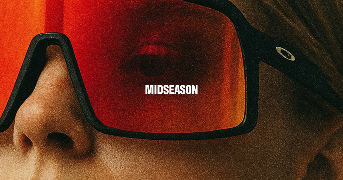 Midseason brand image — close-up of an athlete in red-lens sunglasses with the Midseason wordmark