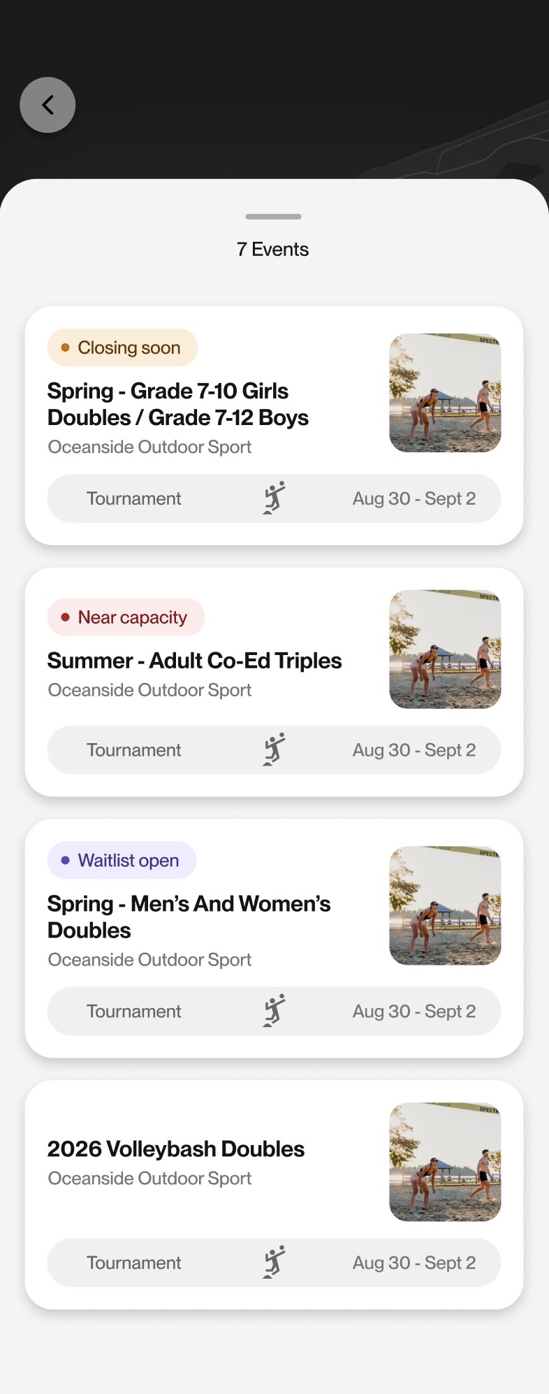 Discover list: event cards with Closing soon, Near capacity and Waitlist open status badges