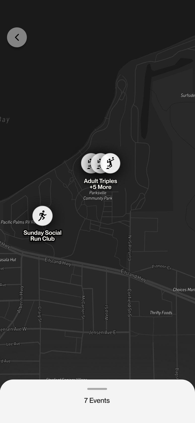 Discover: a dark map of Parksville with event pins for a run club and adult triples, and a 7 events tray