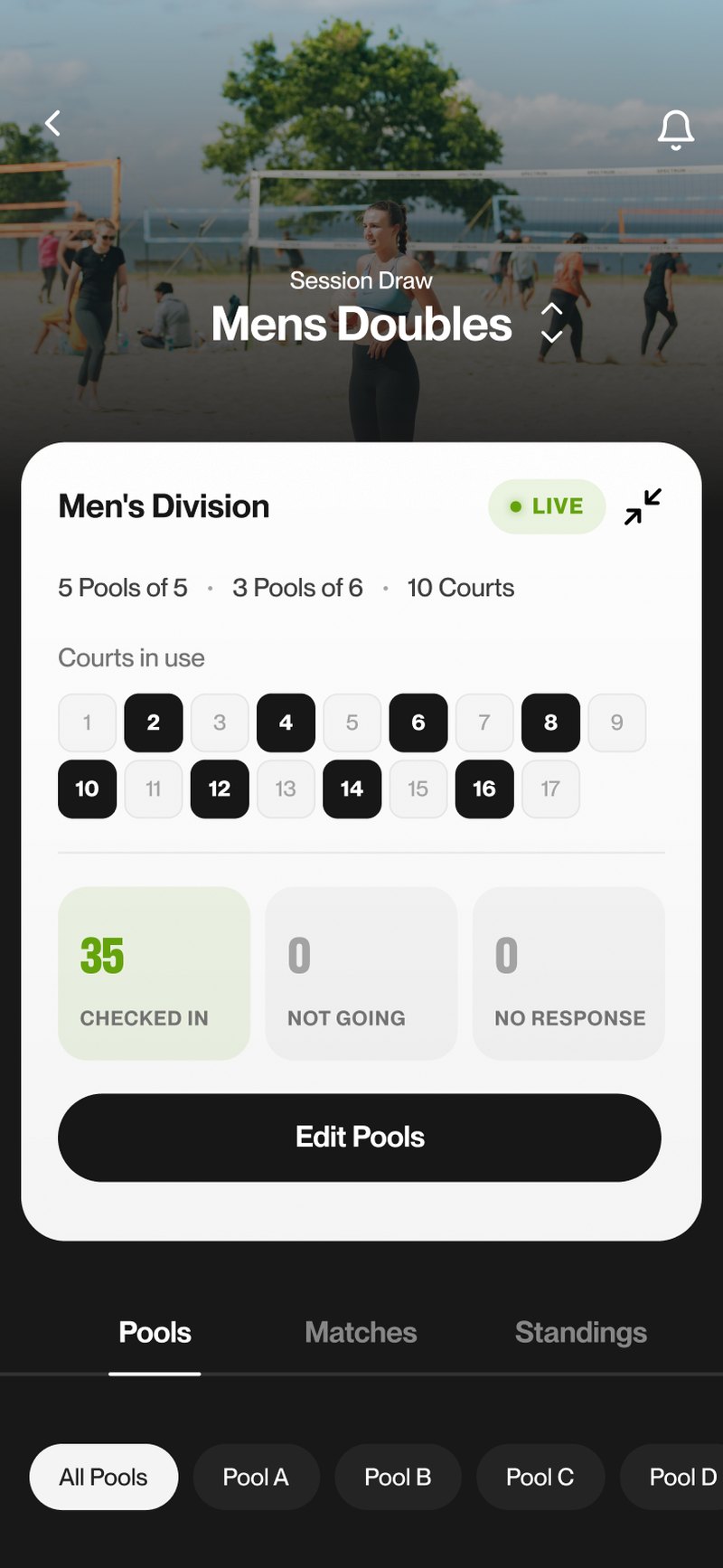 Session draw for Mens Doubles: pools of five, courts in use, 35 checked in, and Pools A to F with their teams