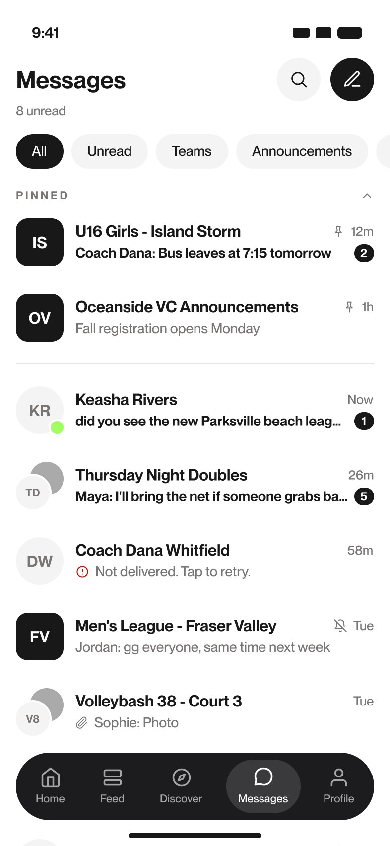 Messages inbox with pinned team chats, unread counts and All, Unread, Teams, Announcements filters