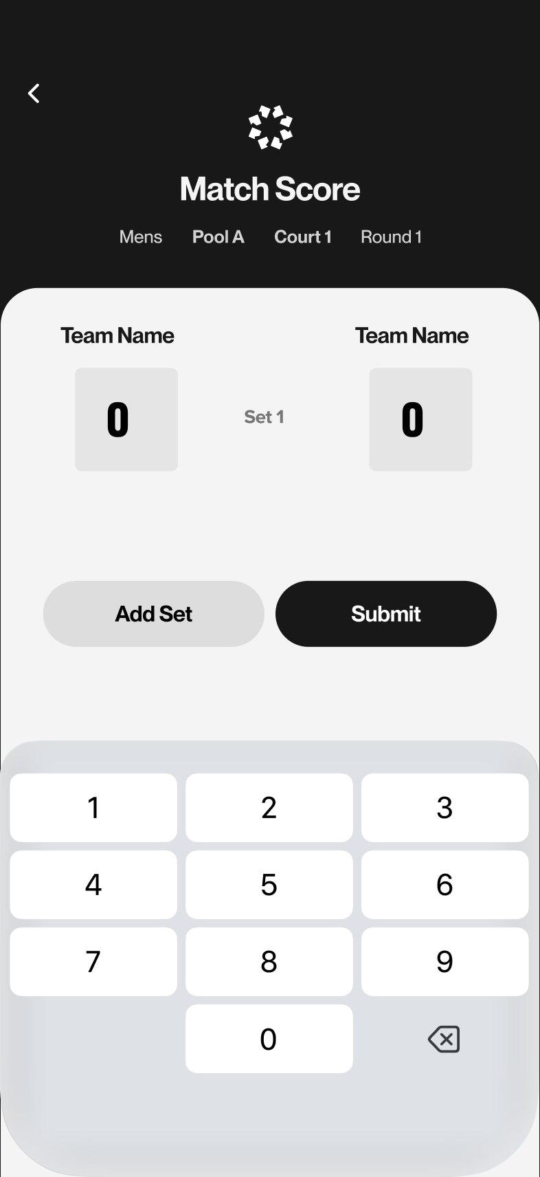 Match Score entry: two team scores, add set, submit, with a numeric keypad