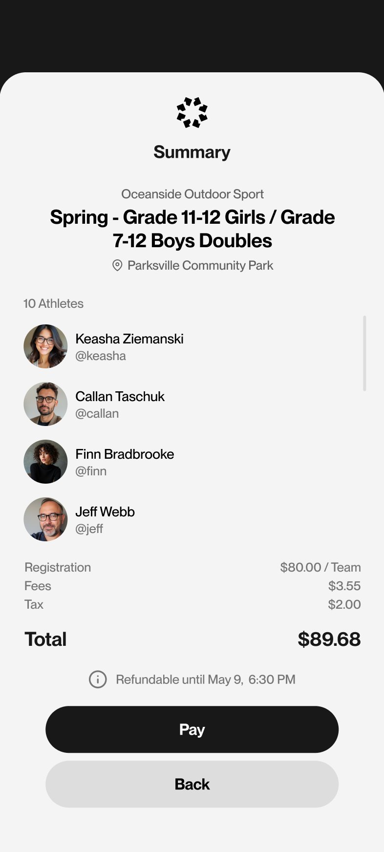 Registration summary and payment: the event, ten athletes, registration fee, fees and tax, total, refund window, and a Pay button