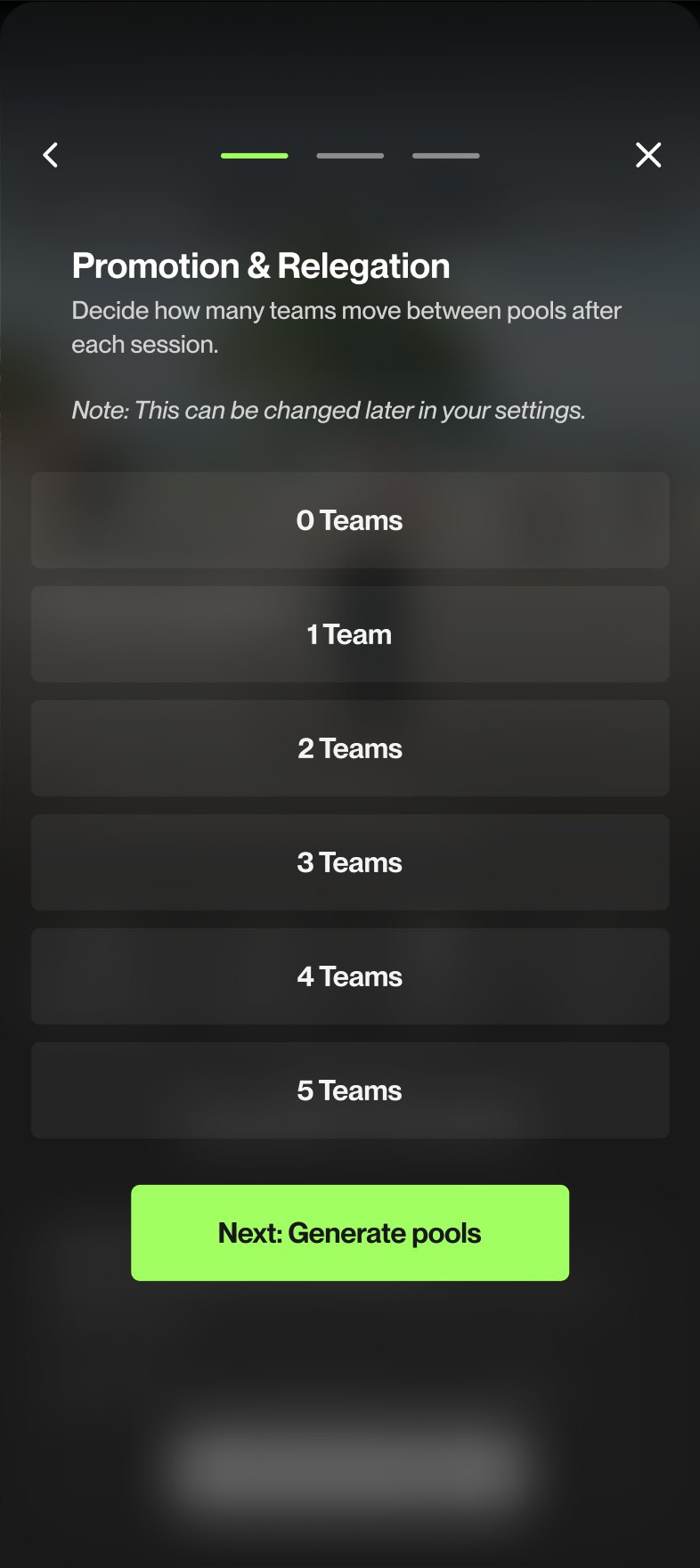 Promotion and relegation step: choose how many teams move between pools after each session