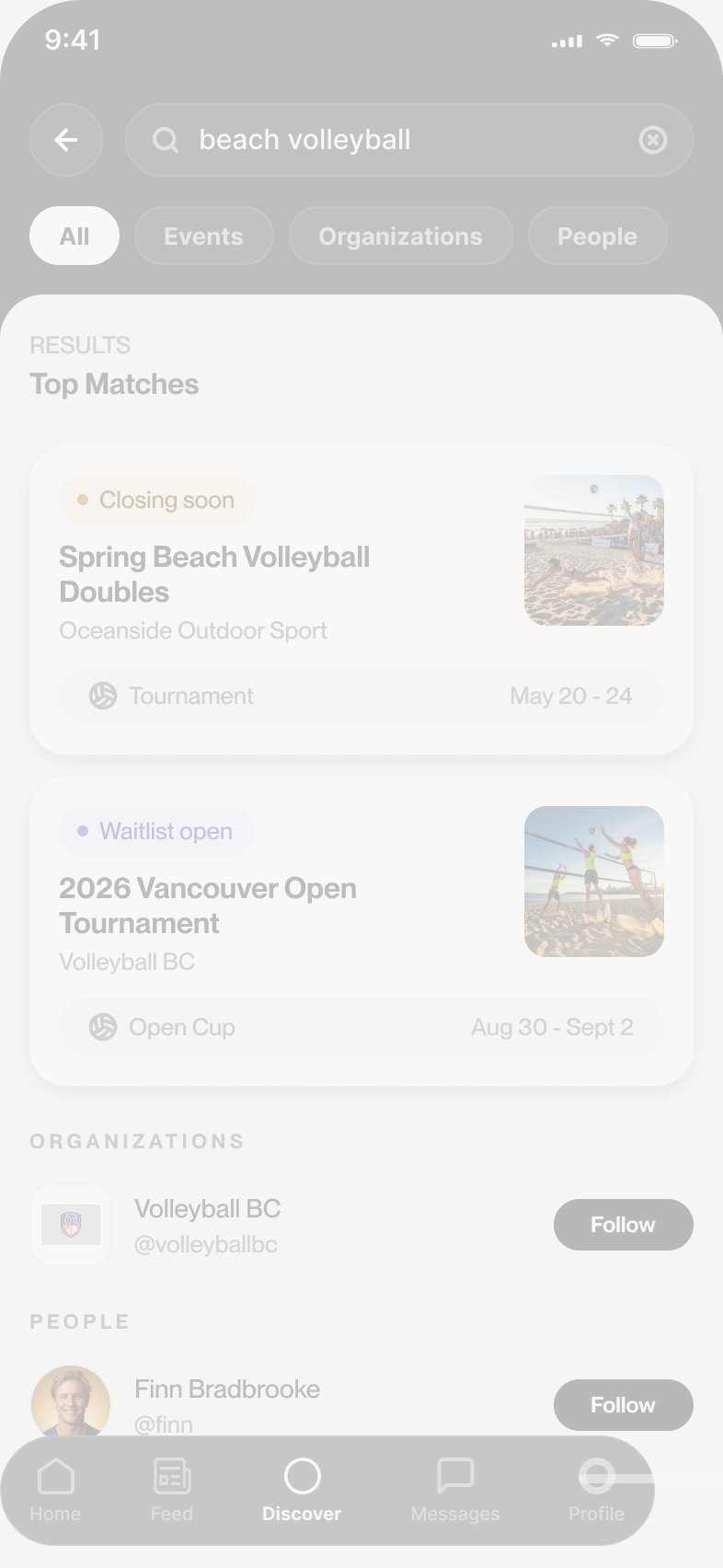 Search results for beach volleyball: top matches with status badges, then organizations and people to follow