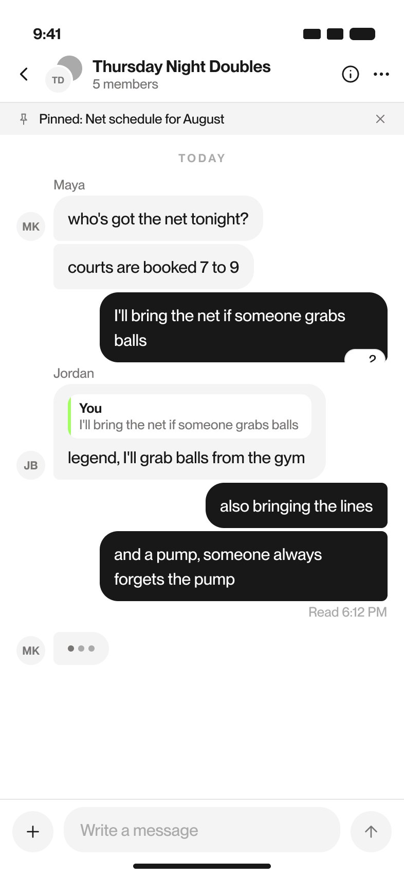 A group thread for Thursday Night Doubles with a pinned net schedule and read receipts