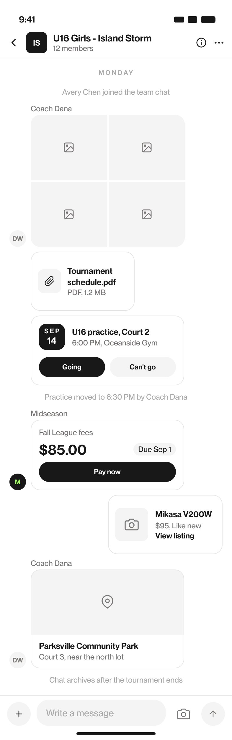 A team thread with a shared PDF, a practice event card with Going and Cant go, a fee to pay, and a gear listing