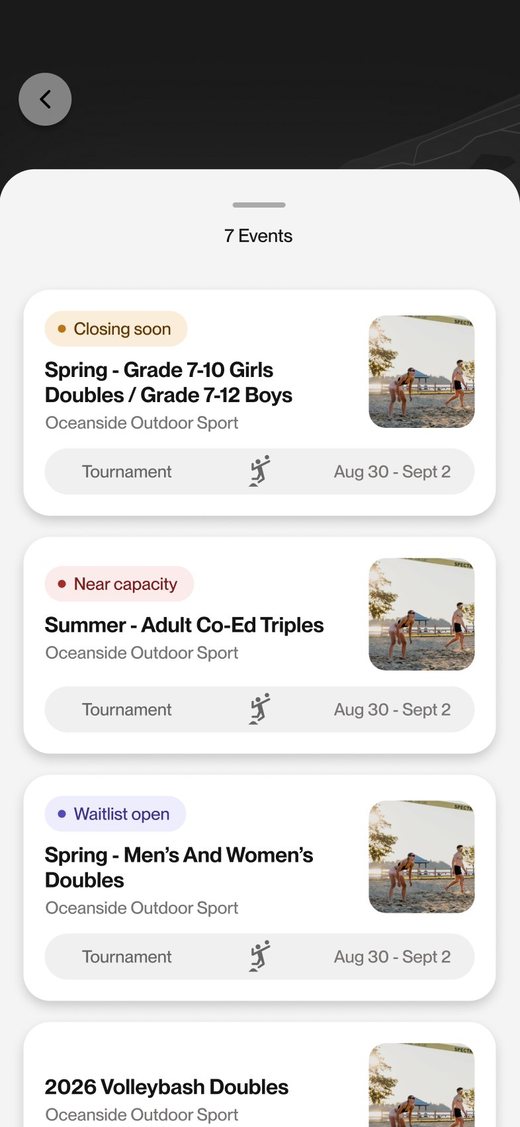 Midseason event list with status badges such as Closing soon and Near capacity