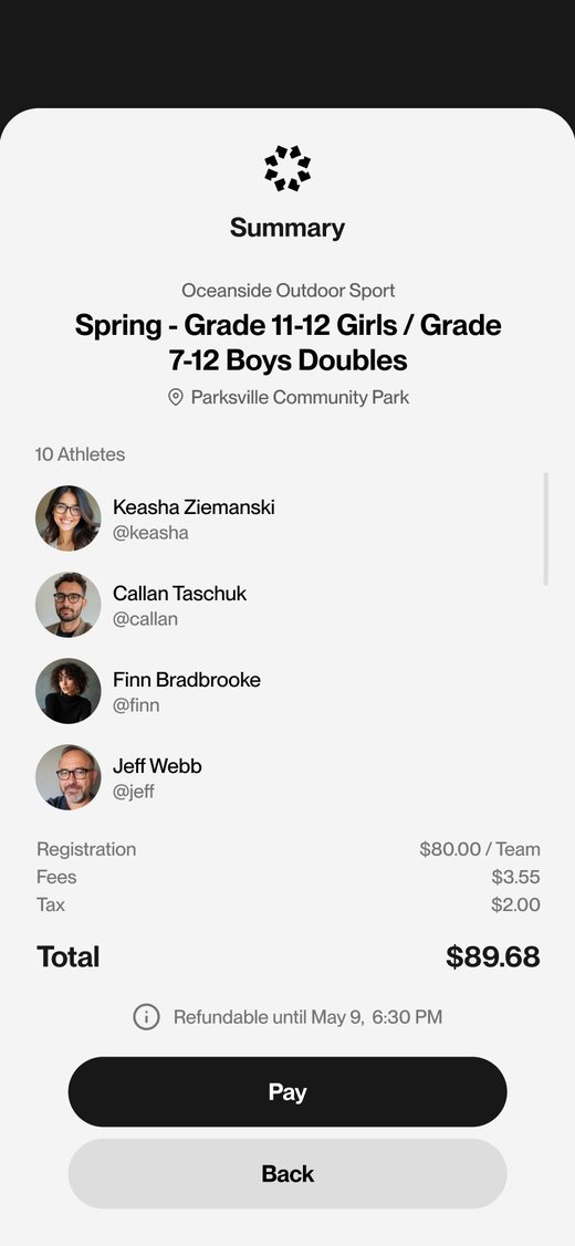 Midseason checkout summary listing athletes and fees with a Pay button