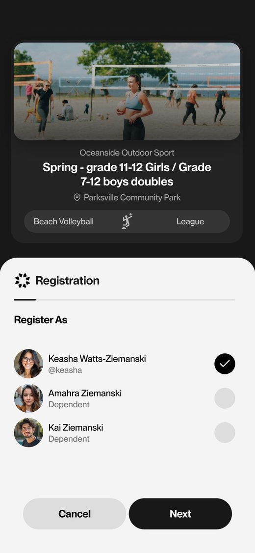 Midseason registration flow where a parent selects dependents to register