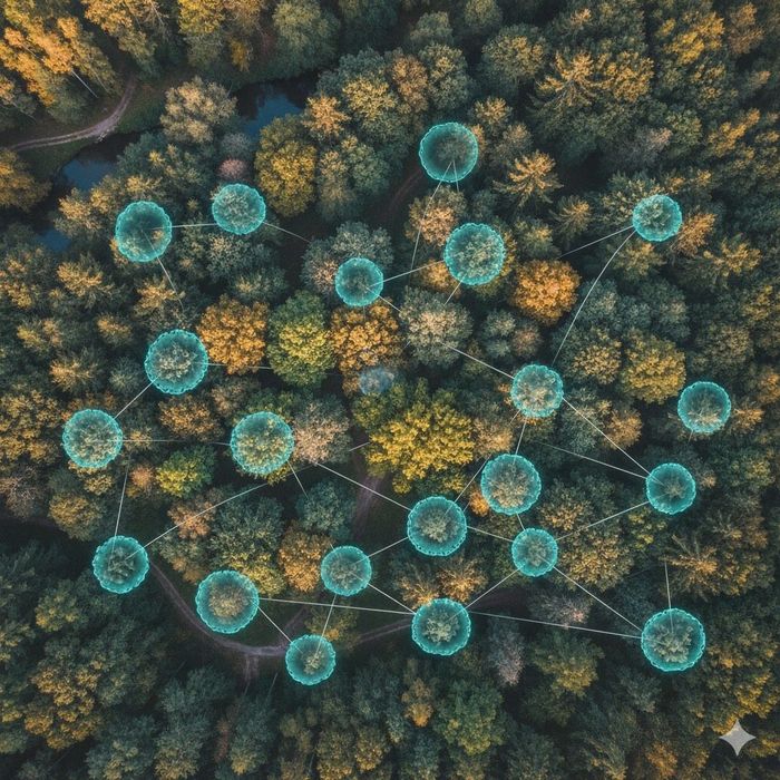 Aerial view of a coastal forest with machine-learning detections circled on tree crowns