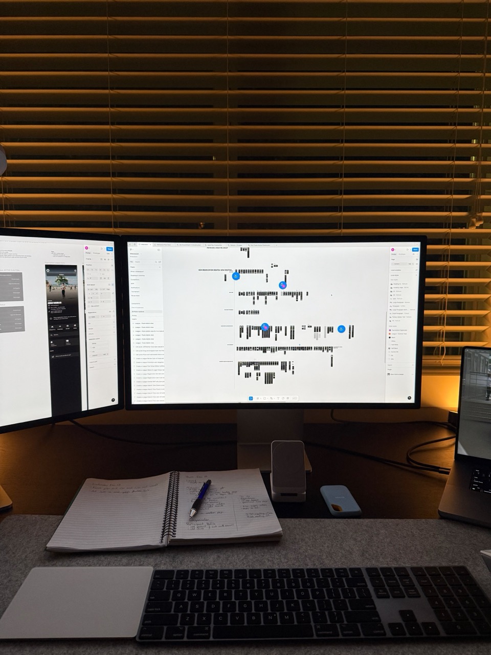 Nathan&rsquo;s desk at night, Figma design-system boards spread across two monitors