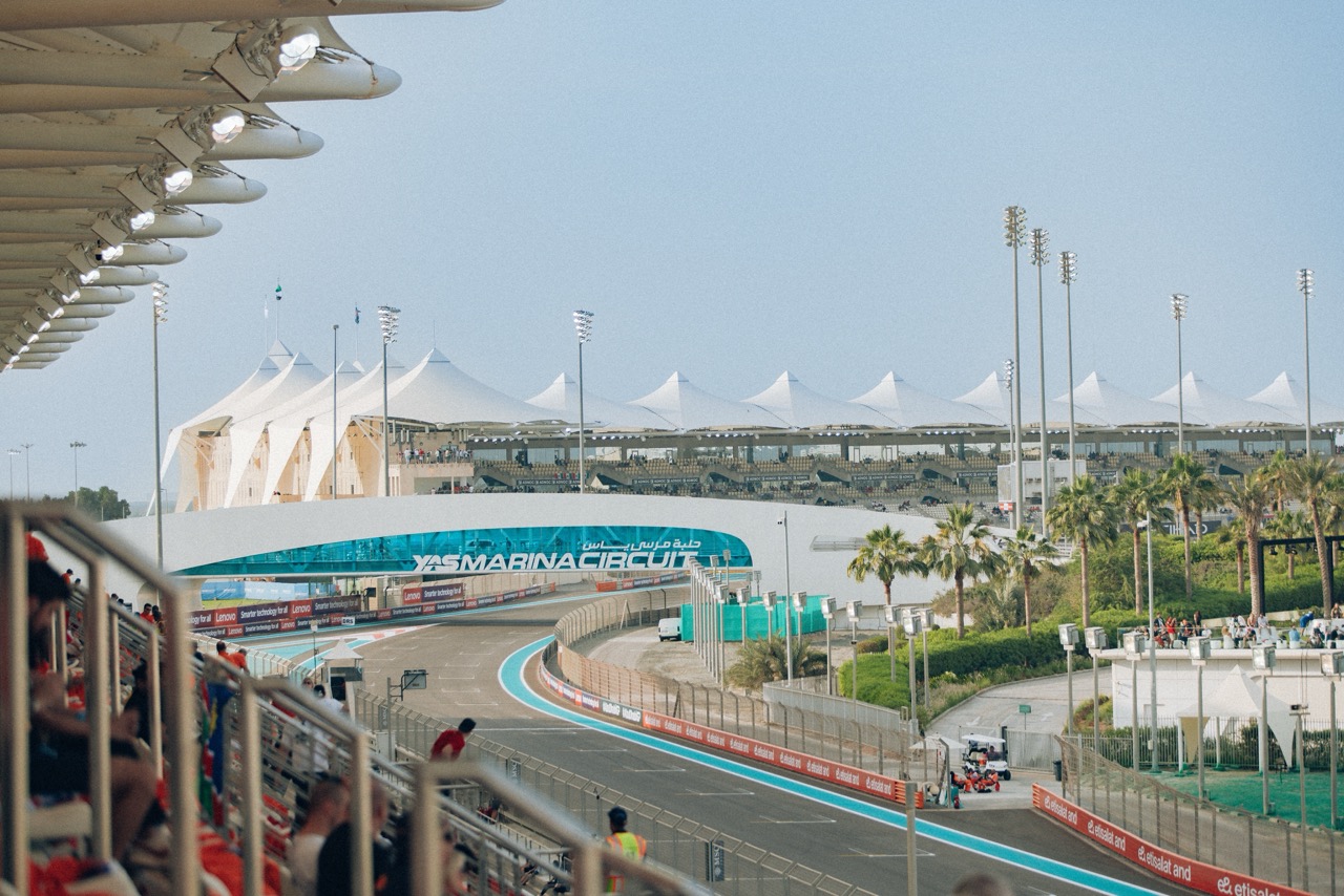 The grandstands and track at Yas Marina Circuit on race day in Abu Dhabi